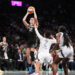 Sep 29, 2024; Brooklyn, New York, USA; New York Liberty forward Breanna Stewart (30) shoots a jump shot over Las Vegas Aces forward Alysha Clark (7) during game one of the 2024 WNBA Semi-finals at Barclays Center. Mandatory Credit: Gregory Fisher-Imagn Images