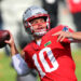 Foxborough, MA - October 16: New England Patriots QB Drake Maye throws a pass at practice. (Photo by John Tlumacki/The Boston Globe via Getty Images)