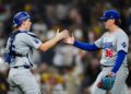 SAN DIEGO, CA - OCTOBER 09:   Will Smith #16 and Landon Knack #96 of the Los Angeles Dodgers celebrate after winning Game 4 of the Division Series presented by Booking.com between the Los Angeles Dodgers and the San Diego Padres at Petco Park on Wednesday, October 9, 2024 in San Diego, California. (Photo by Daniel Shirey/MLB Photos via Getty Images)