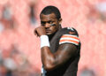 CLEVELAND, OHIO - OCTOBER 20: Deshaun Watson #4 of the Cleveland Browns looks on during warmups before a game against the Cincinnati Bengals  at Huntington Bank Field on October 20, 2024 in Cleveland, Ohio. (Photo by Nick Cammett/Getty Images)