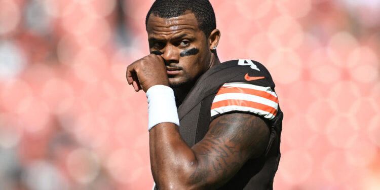 CLEVELAND, OHIO - OCTOBER 20: Deshaun Watson #4 of the Cleveland Browns looks on during warmups before a game against the Cincinnati Bengals  at Huntington Bank Field on October 20, 2024 in Cleveland, Ohio. (Photo by Nick Cammett/Getty Images)