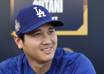 LOS ANGELES, CALIFORNIA - OCTOBER 24: Shohei Ohtani #17 of the Los Angeles Dodgers speaks to media during workout day ahead of Game 1 of the 2024 World Series at Dodger Stadium on October 24, 2024 in Los Angeles, California. (Photo by Kevork Djansezian/Getty Images)