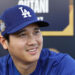 LOS ANGELES, CALIFORNIA - OCTOBER 24: Shohei Ohtani #17 of the Los Angeles Dodgers speaks to media during workout day ahead of Game 1 of the 2024 World Series at Dodger Stadium on October 24, 2024 in Los Angeles, California. (Photo by Kevork Djansezian/Getty Images)