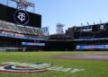 The Opening Day logo is seen on Target Field for the game between the Cleveland Guardians and the Minnesota Twins on April 4, 2024, in Minneapolis.