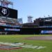 The Opening Day logo is seen on Target Field for the game between the Cleveland Guardians and the Minnesota Twins on April 4, 2024, in Minneapolis.