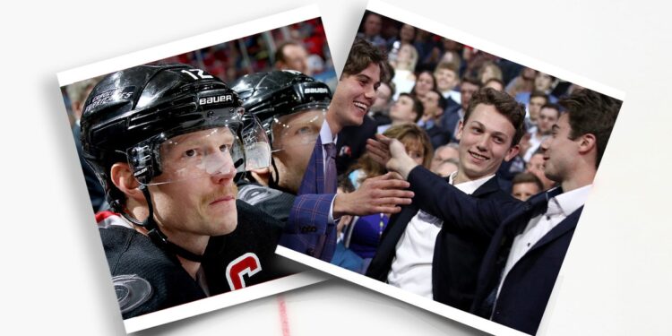 An ice hockey rink in the background and separate photos of the Staal brothers and the Hughes brothers of the NHL