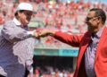 Pete Rose shares fist bump with Tony Perez