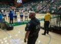 Police behind the San Jose State University Spartans bench monitor Moby Arena during an NCAA Mountain West women’s volleyball game between the Spartans and the Colorado State Rams in Fort Collins, Colorado, on Thursday, October 3, 2024.