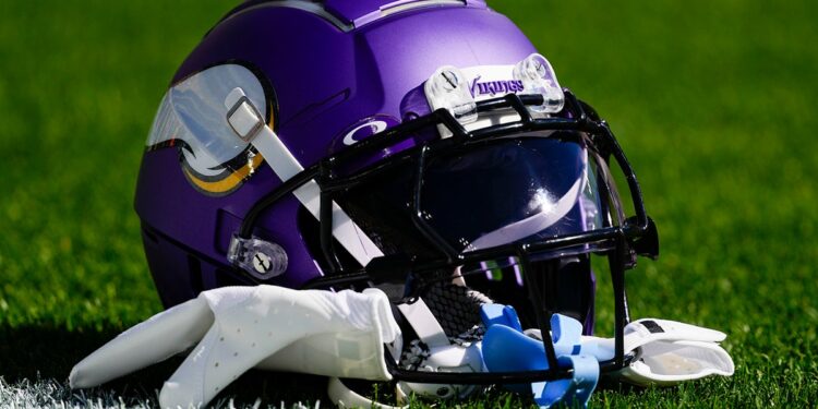 Vikings helmet with gloves on field