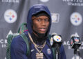 Pittsburgh Steelers wide receiver George Pickens was fighting with Browns cornerback Greg Newsome II as Thursday night's game ended. (AP Photo/Gene J. Puskar)