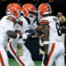 NEW ORLEANS, LOUISIANA - NOVEMBER 17: Jerry Jeudy #3, Jameis Winston #5 and Elijah Moore #8 of the Cleveland Browns celebrates a third quarter touchdown against the New Orleans Saints at Caesars Superdome on November 17, 2024 in New Orleans, Louisiana. (Photo by Sean Gardner/Getty Images)