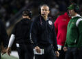 Florida State head coach Mike Norvell looks at the scoreboard during the second half of an NCAA college football game Saturday, Nov. 9, 2024, in South Bend, Ind. (AP Photo/Michael Caterina)