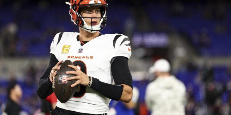 BALTIMORE, MARYLAND - NOVEMBER 7: Joe Burrow #9 of the Cincinnati Bengals warms up prior to an NFL football game against the Baltimore Ravens at M&T Bank Stadium on November 7, 2024 in Baltimore, Maryland. (Photo by Kevin Sabitus/Getty Images)