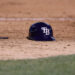 OAKLAND, CALIFORNIA - AUGUST 20: A batting helmet of a Tampa Bay Rays player sits on the field during the game against the Oakland Athletics at Oakland Coliseum on August 20, 2024 in Oakland, California. (Photo by Lachlan Cunningham/Getty Images)