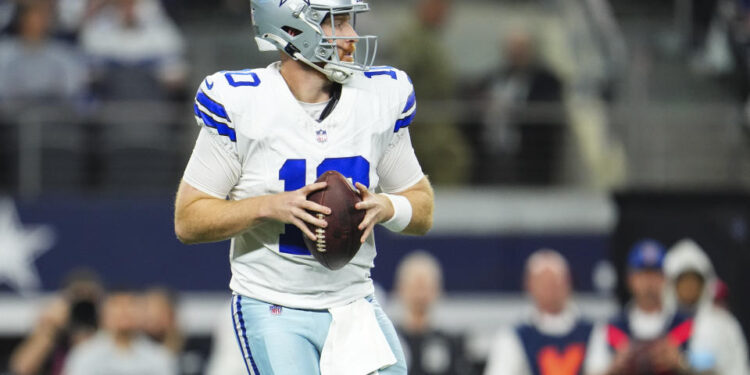 ARLINGTON, TX - NOVEMBER 10: Cooper Rush #10 of the Dallas Cowboys drops back to pass during an NFL football game against the Philadelphia Eagles at AT&T Stadium on November 10, 2024 in Arlington, Texas. (Photo by Cooper Neill/Getty Images)