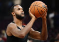 Oct 30, 2024; Cleveland, Ohio, USA; Cleveland Cavaliers forward Evan Mobley (4) warms up before the game between the Cavaliers and the Los Angeles Lakers at Rocket Mortgage FieldHouse. Mandatory Credit: Ken Blaze-Imagn Images