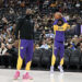 Oct 15, 2024; Las Vegas, Nevada, USA; Los Angeles Lakers forward LeBron James (23) warms up with guard Bronny James (9) before the preseason game against the Golden State Warriors at T-Mobile Arena. Mandatory Credit: Candice Ward-Imagn Images