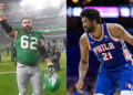 Jason Kelce (left) and Joel Embiid (right). Kelce Mandatory Credit: Eric Hartline-USA TODAY Sports. Embiid Mandatory Credit: Bill Streicher-Imagn Images