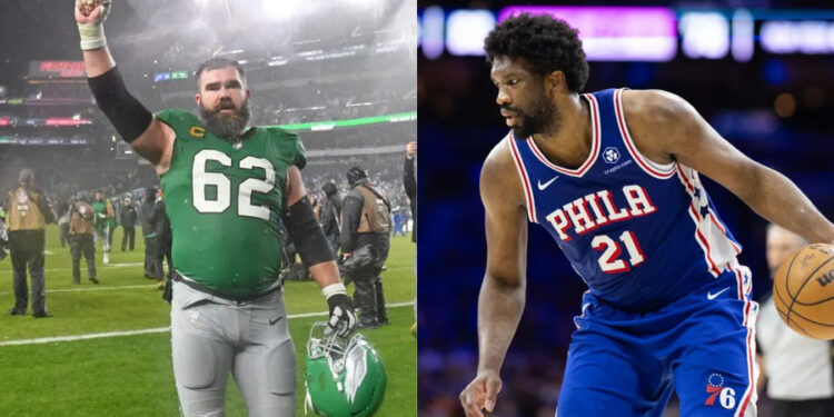 Jason Kelce (left) and Joel Embiid (right). Kelce Mandatory Credit: Eric Hartline-USA TODAY Sports. Embiid Mandatory Credit: Bill Streicher-Imagn Images