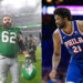 Jason Kelce (left) and Joel Embiid (right). Kelce Mandatory Credit: Eric Hartline-USA TODAY Sports. Embiid Mandatory Credit: Bill Streicher-Imagn Images