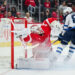 Oct 30, 2024; Detroit, Michigan, USA; Winnipeg Jets left wing Kyle Connor (81) scores a goal as Detroit Red Wings goaltender Alex Lyon (34) tends the net during the first period at Little Caesars Arena. Mandatory Credit: Tim Fuller-Imagn Images