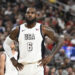 Jul 10, 2024; Las Vegas, Nevada, USA; USA forward Lebron James (6) looks on during the third quarter against Canada in the USA Basketball Showcase at T-Mobile Arena. Mandatory Credit: Candice Ward-USA TODAY Sports