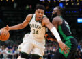 Jaylen Brown and Giannis Antetokounmpo. PHOTO USA TODAY SPORTS IMAGN IMAGES