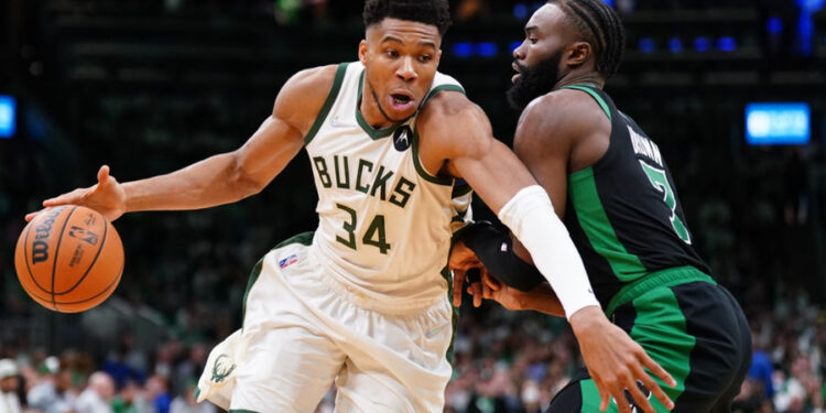 Jaylen Brown and Giannis Antetokounmpo. PHOTO USA TODAY SPORTS IMAGN IMAGES