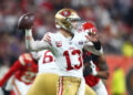 Feb 11, 2024; Paradise, Nevada, USA; San Francisco 49ers quarterback Brock Purdy (13) throws a pass against the Kansas City Chiefs in the second half in Super Bowl LVIII at Allegiant Stadium. credits: Mark J. Rebilas-USA TODAY Sports