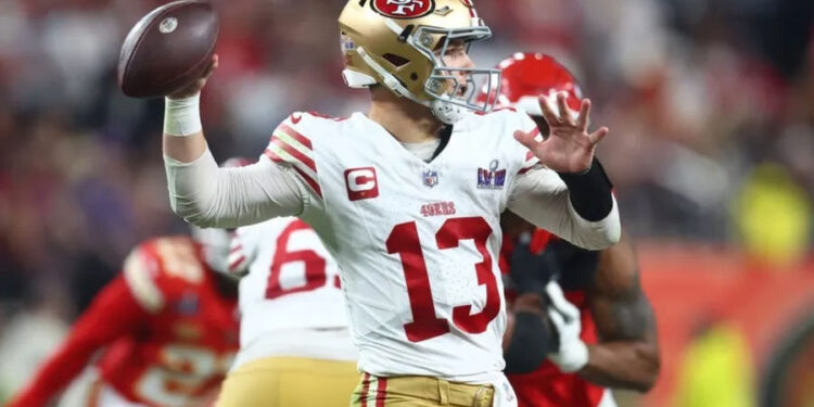 Feb 11, 2024; Paradise, Nevada, USA; San Francisco 49ers quarterback Brock Purdy (13) throws a pass against the Kansas City Chiefs in the second half in Super Bowl LVIII at Allegiant Stadium. credits: Mark J. Rebilas-USA TODAY Sports