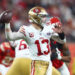 Feb 11, 2024; Paradise, Nevada, USA; San Francisco 49ers quarterback Brock Purdy (13) throws a pass against the Kansas City Chiefs in the second half in Super Bowl LVIII at Allegiant Stadium. credits: Mark J. Rebilas-USA TODAY Sports