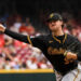 Sep 22, 2024; Cincinnati, Ohio, USA; Pittsburgh Pirates starting pitcher Paul Skenes (30) pitches against the Cincinnati Reds in the third inning at Great American Ball Park. Mandatory Credit: Katie Stratman-Imagn Images