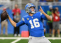 Sep 15, 2024; Detroit, Michigan, USA; Detroit Lions quarterback Jared Goff (16) throws the ball against the Tampa Bay Buccaneers in the first quarter at Ford Field. Mandatory Credit: Lon Horwedel-Imagn Images