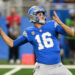 Sep 15, 2024; Detroit, Michigan, USA; Detroit Lions quarterback Jared Goff (16) throws the ball against the Tampa Bay Buccaneers in the first quarter at Ford Field. Mandatory Credit: Lon Horwedel-Imagn Images