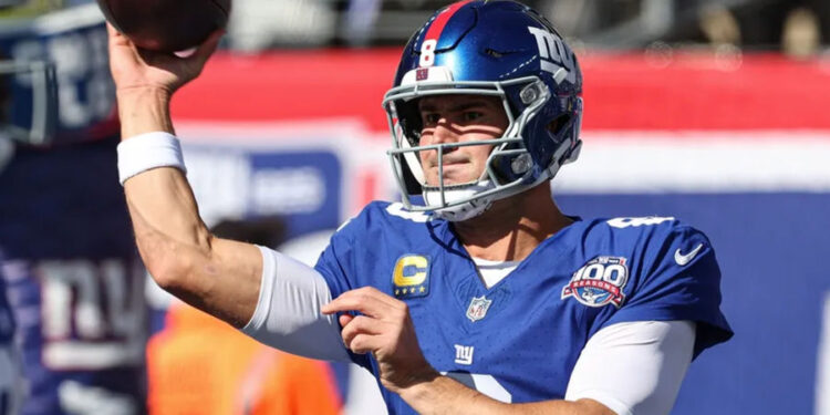 Oct 20, 2024; East Rutherford, New Jersey, USA; New York Giants quarterback Daniel Jones (8) warms up before the game against the Philadelphia Eagles at MetLife Stadium. Mandatory Credit: Vincent Carchietta-Imagn Images