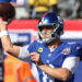 Oct 20, 2024; East Rutherford, New Jersey, USA; New York Giants quarterback Daniel Jones (8) warms up before the game against the Philadelphia Eagles at MetLife Stadium. Mandatory Credit: Vincent Carchietta-Imagn Images