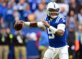 Oct 8, 2023; Indianapolis, Indiana, USA; Indianapolis Colts quarterback Anthony Richardson (5) throws a pass during the first quarter against the Tennessee Titans at Lucas Oil Stadium. credits: Marc Lebryk-USA TODAY Sports