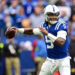 Oct 8, 2023; Indianapolis, Indiana, USA; Indianapolis Colts quarterback Anthony Richardson (5) throws a pass during the first quarter against the Tennessee Titans at Lucas Oil Stadium. credits: Marc Lebryk-USA TODAY Sports