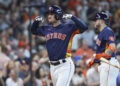 Sep 22, 2024; Houston, Texas, USA; Houston Astros third baseman Alex Bregman (2) celebrates after hitting a home run during the fifth inning against the Los Angeles Angels at Minute Maid Park. Mandatory Credit: Troy Taormina-Imagn Images