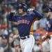 Sep 22, 2024; Houston, Texas, USA; Houston Astros third baseman Alex Bregman (2) celebrates after hitting a home run during the fifth inning against the Los Angeles Angels at Minute Maid Park. Mandatory Credit: Troy Taormina-Imagn Images