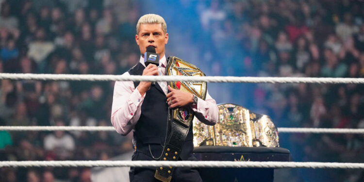 COLUMBIA, SOUTH CAROLINA - OCTOBER 18: Cody Rhodes speaks to the WWE Universe with the Undisputed WWE Championship belt over his shoulder during SmackDown at Colonial Life Arena on October 18, 2024 in Columbia, South Carolina.  (Photo by WWE/Getty Images)