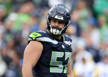 SEATTLE, WASHINGTON - NOVEMBER 03: Connor Williams #57 of the Seattle Seahawks looks on during the third quarter against the Los Angeles Rams at Lumen Field on November 03, 2024 in Seattle, Washington. (Photo by Steph Chambers/Getty Images)