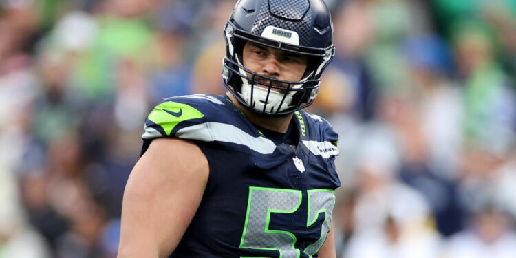 SEATTLE, WASHINGTON - NOVEMBER 03: Connor Williams #57 of the Seattle Seahawks looks on during the third quarter against the Los Angeles Rams at Lumen Field on November 03, 2024 in Seattle, Washington. (Photo by Steph Chambers/Getty Images)