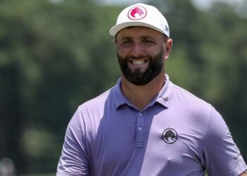 Captain Jon Rahm of Legion XIII reacts on the fourth green during day one of the LIV Golf Invitational at Golf Club of Houston on June 7, 2024 in Humble, Texas