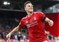 Chris Wood of Nottingham Forest celebrates scoring his team's first goal against West Ham United