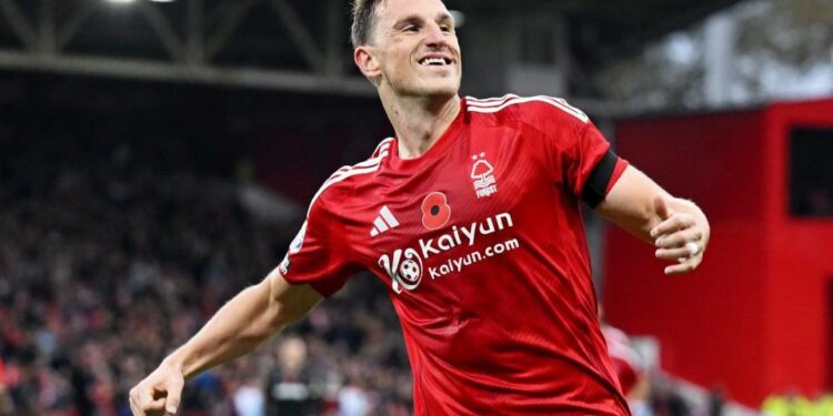 Chris Wood of Nottingham Forest celebrates scoring his team's first goal against West Ham United