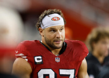 SANTA CLARA, CALIFORNIA - OCTOBER 27: Nick Bosa #97 of the San Francisco 49ers looks on from the sideline during the game  at Levi's Stadium on October 27, 2024 in Santa Clara, California. (Photo by Lachlan Cunningham/Getty Images)