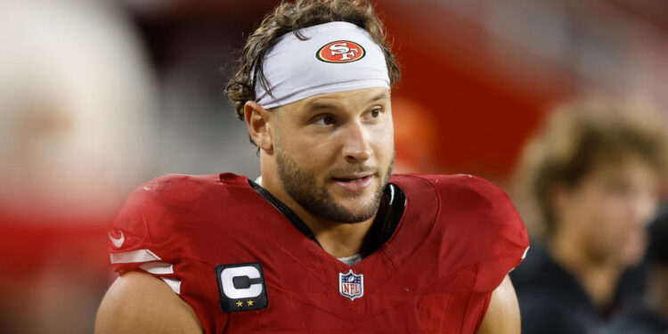 SANTA CLARA, CALIFORNIA - OCTOBER 27: Nick Bosa #97 of the San Francisco 49ers looks on from the sideline during the game  at Levi's Stadium on October 27, 2024 in Santa Clara, California. (Photo by Lachlan Cunningham/Getty Images)