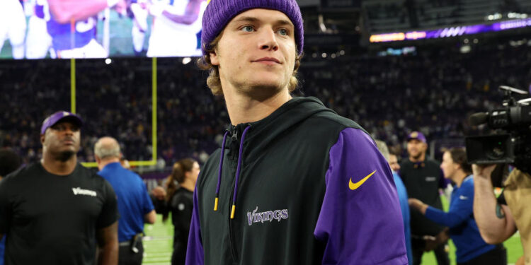 MINNEAPOLIS, MINNESOTA - NOVEMBER 03: J.J. McCarthy #9 of the Minnesota Vikings looks on after the game against the Indianapolis Colts at U.S. Bank Stadium on November 03, 2024 in Minneapolis, Minnesota. The Vikings defeated the Colts 21-13. (Photo by David Berding/Getty Images)