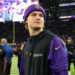 MINNEAPOLIS, MINNESOTA - NOVEMBER 03: J.J. McCarthy #9 of the Minnesota Vikings looks on after the game against the Indianapolis Colts at U.S. Bank Stadium on November 03, 2024 in Minneapolis, Minnesota. The Vikings defeated the Colts 21-13. (Photo by David Berding/Getty Images)